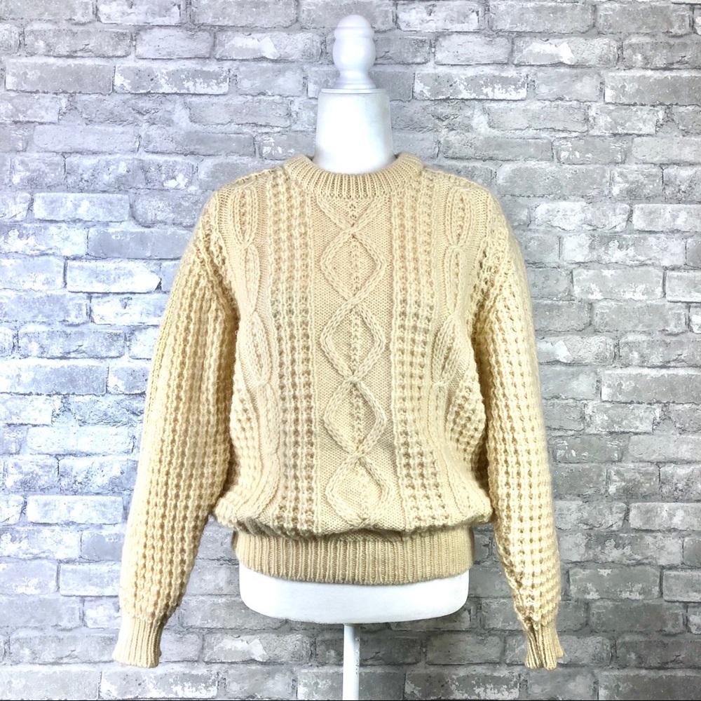 Vintage Irish Wool Fisherman’s Knit Sweater Cream Crewneck Small
